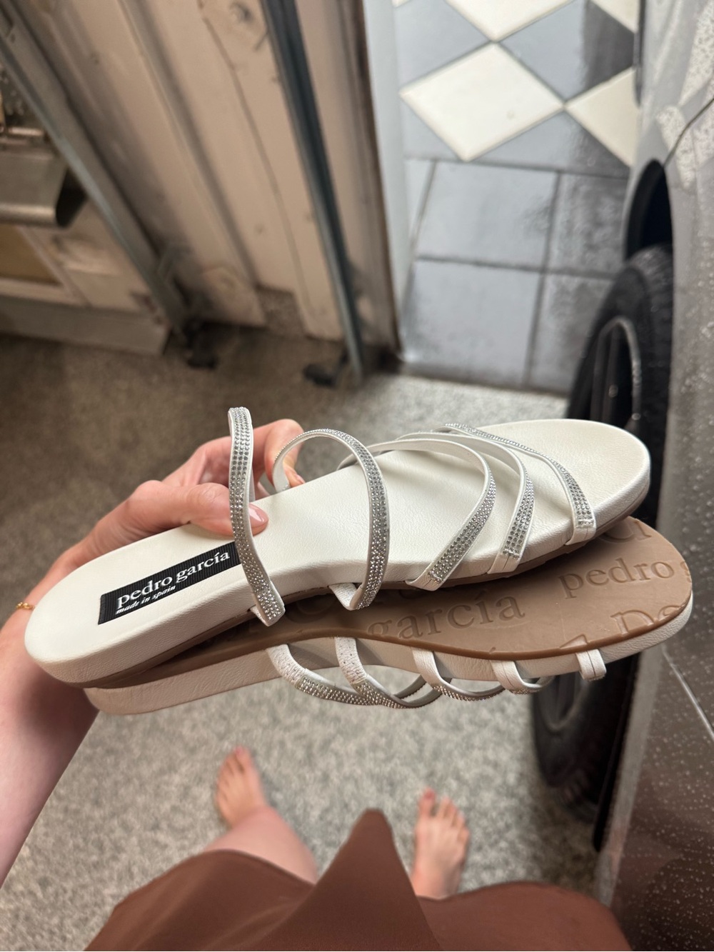 Pedro Garcia Silver-Trim White Strappy Slide Sandals Size 37